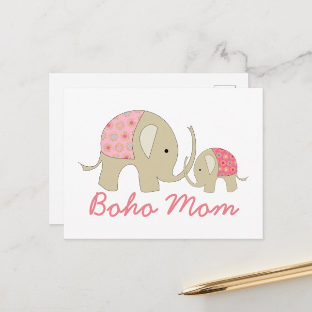 Boho Mom, Pink Elephant Postcard (Front/Back In Situ)
