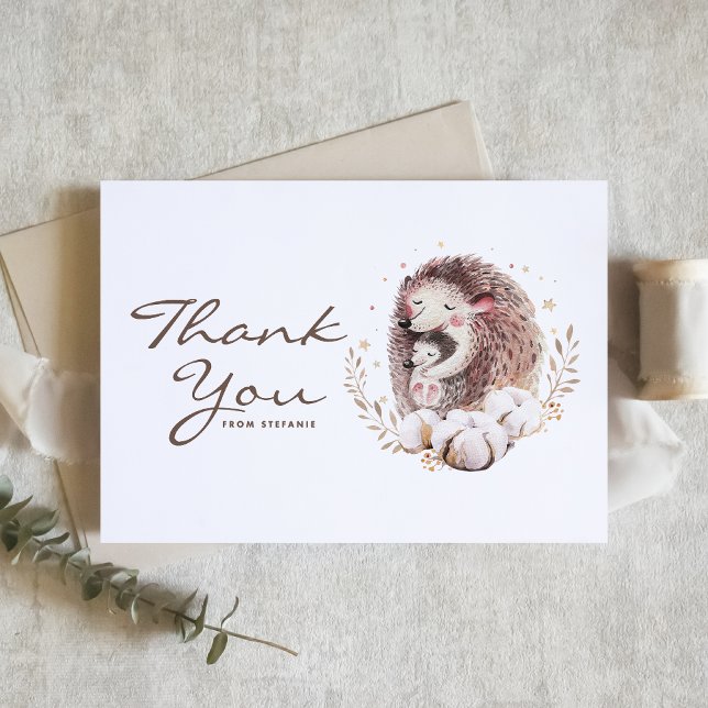 Boho Mommy and Baby Hedgehog Forest Baby Shower Thank You Card (Woodland theme baby shower thank you card featuring watercolor mommy and baby hedgehog and foliage.)