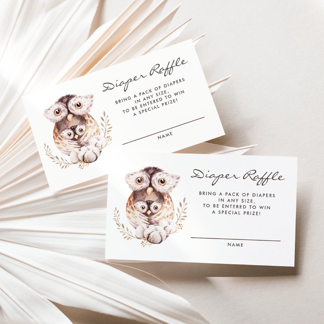 Boho Mommy and Baby Owl Diaper Raffle Card (Woodland theme baby shower diaper raffle card featuring watercolor mommy and baby owl.)