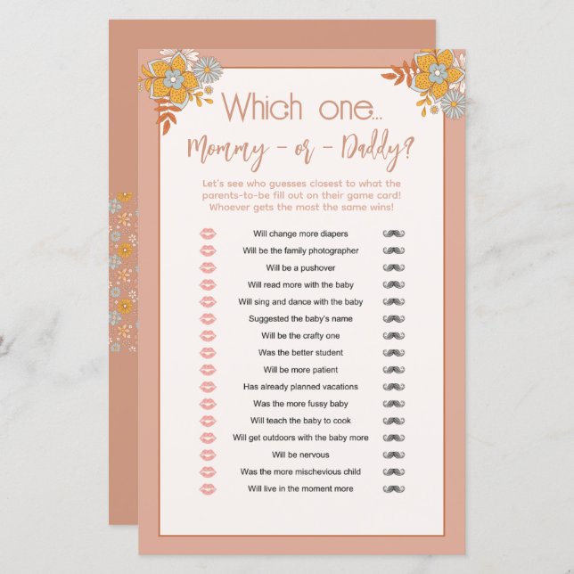 Boho Mommy or Daddy Baby Shower Guessing Game (Front/Back)