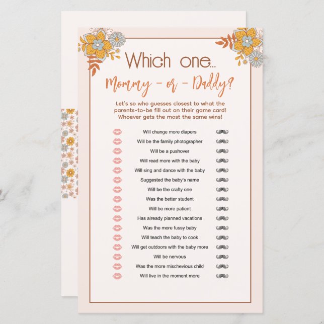 Boho Mommy or Daddy Baby Shower Guessing Game (Front/Back)
