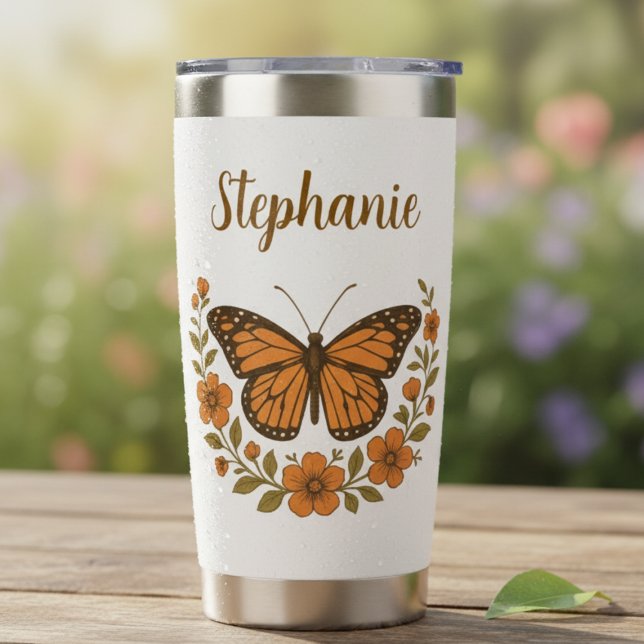 Boho Monarch Butterfly Botanical Stephanie Gift Insulated Tumbler (Floral Monarch Butterfly personalized insulated tumbler)