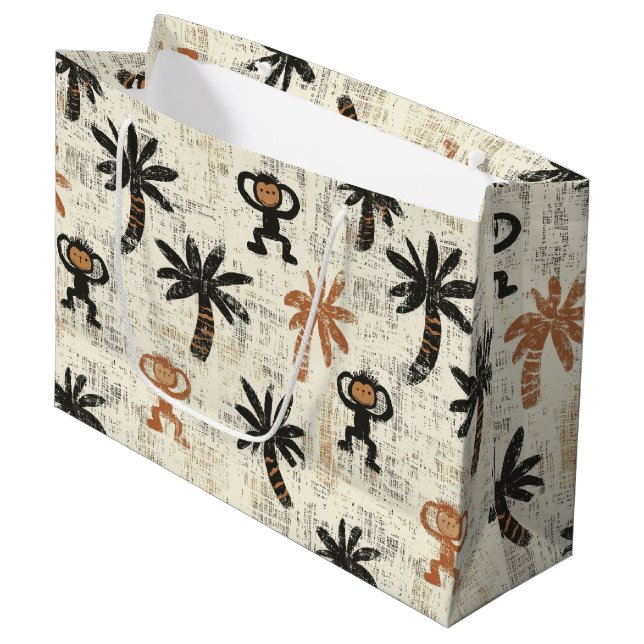 Boho Monkey Jungle Safari Pattern Large Gift Bag (Front Angled)