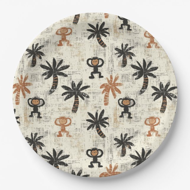 Boho Monkey Jungle Safari Pattern Paper Plates (Front)