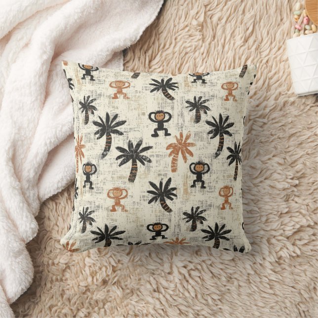 Boho Monkey Jungle Safari Pattern Throw Pillow (Blanket)
