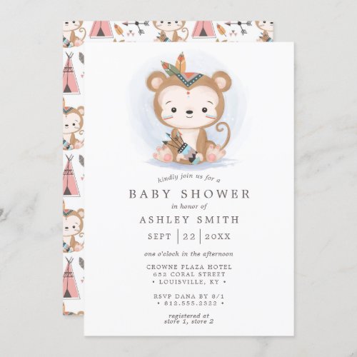 Boho Monkey Tribal Watercolor Bohemian Baby Shower Invitation