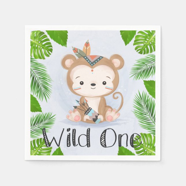 Boho Monkey Wild One Birthday Party Napkins (Front)
