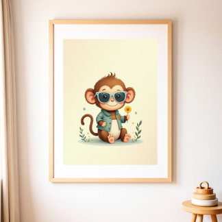 Boho Monkey Wood Framed Kids Room | Safari Gallery Art