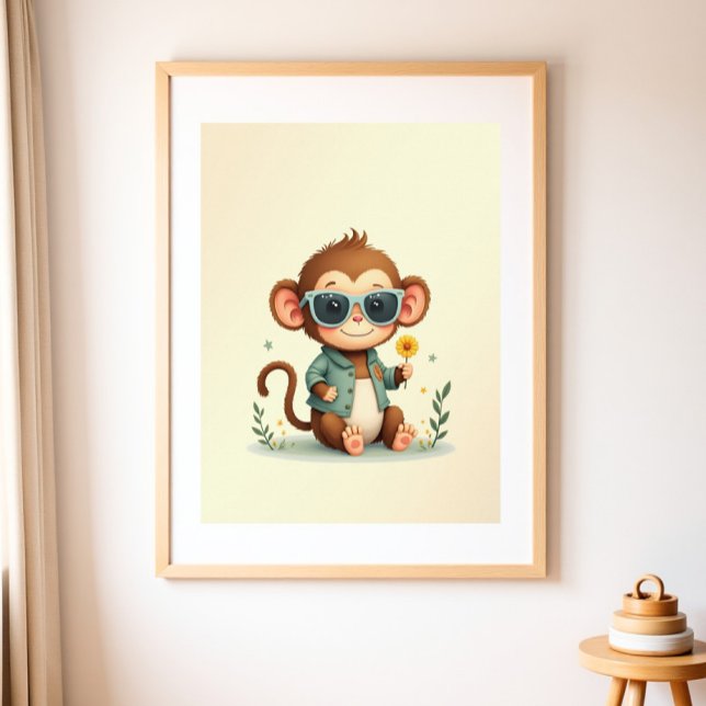 Boho Monkey Wood Framed Kids Room | Safari Gallery Framed Art (Creator Uploaded)