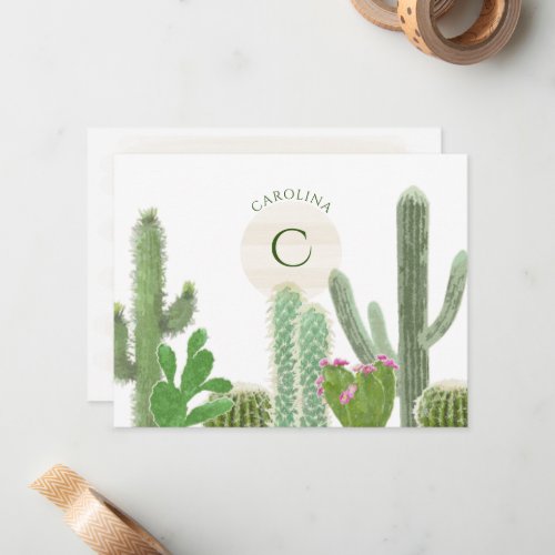 Boho Monogram Desert Cacti Watercolor Floral Note Card