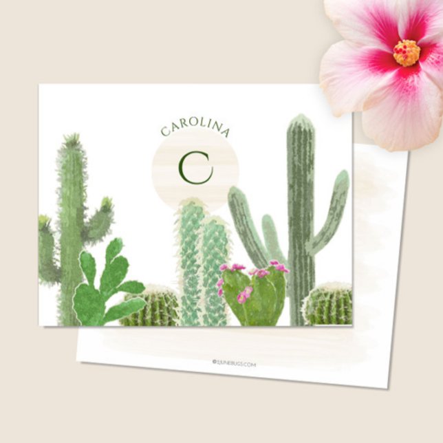 Boho Monogram Desert Cacti Watercolor Floral Note Card (Creator Uploaded)
