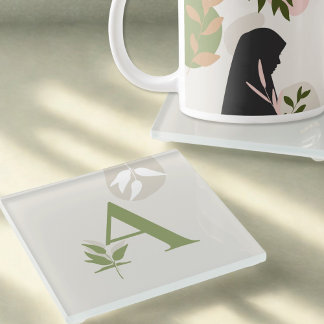 Boho Monogram Glass Coaster | Sage Green & Cream