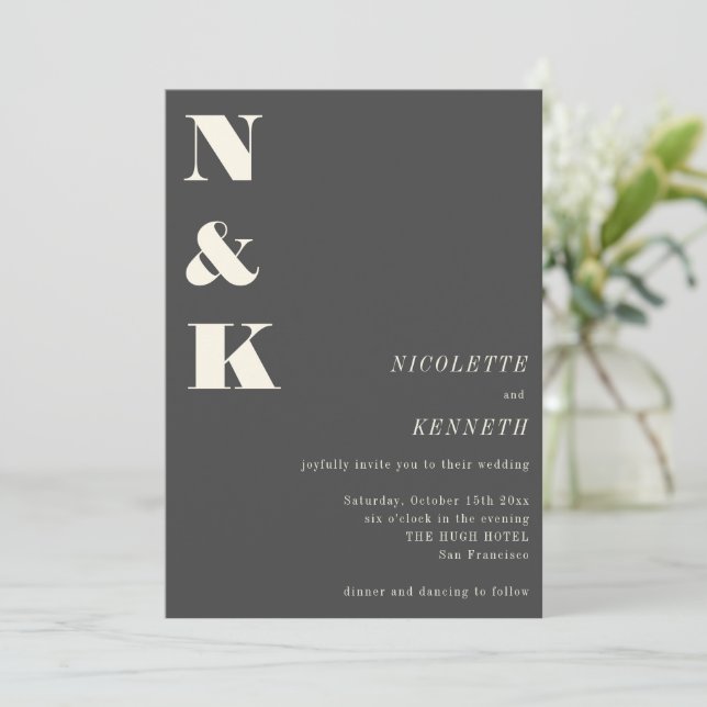 Boho Monogram Initials Charcoal Gray Photo Wedding Invitation (Standing Front)