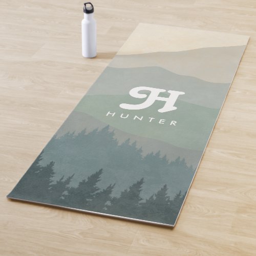 Boho Monogram Mountains  Forest Blue Yoga Mat