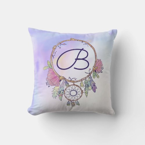 Boho Monogram Watercolor Dreamcatcher Throw Pillow