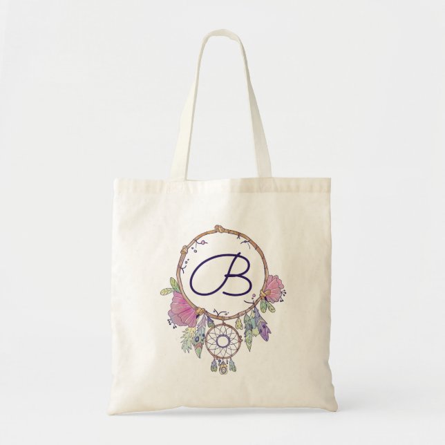 Boho Monogram Watercolor Dreamcatcher Tote Bag (Front)