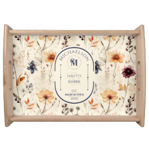 Boho Monogram Wildflower Botanical Wedding Gift Serving Tray