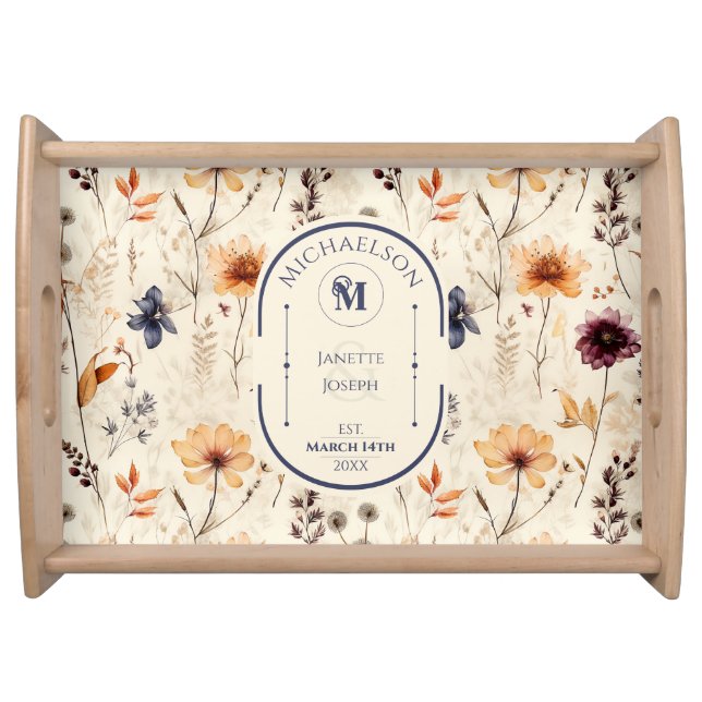Boho Monogram Wildflower Botanical Wedding Gift Serving Tray (Front)