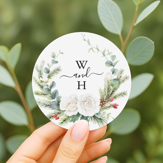 Boho Monogram Winter Greenery Wedding Favor Classic Round Sticker (Creator Uploaded)