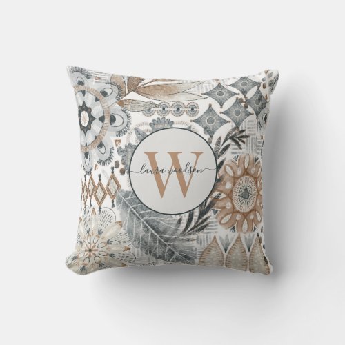 Boho Monogrammed Brown Gray Abstract Shapes Throw Pillow