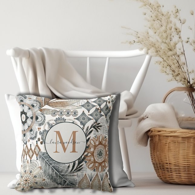 Boho Monogrammed Brown Gray Abstract Shapes Throw Pillow (Creator Uploaded)
