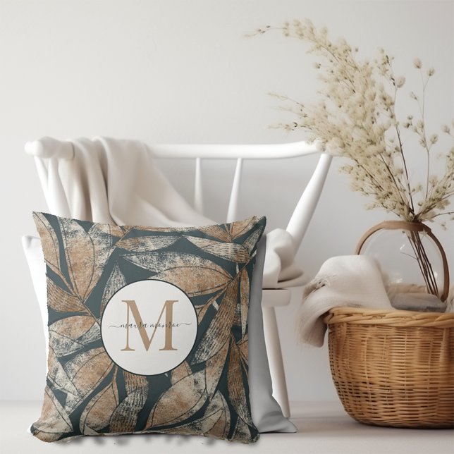 Boho Monogrammed Charcoal Gray Brown Leaf Pattern Throw Pillow (Creator Uploaded)