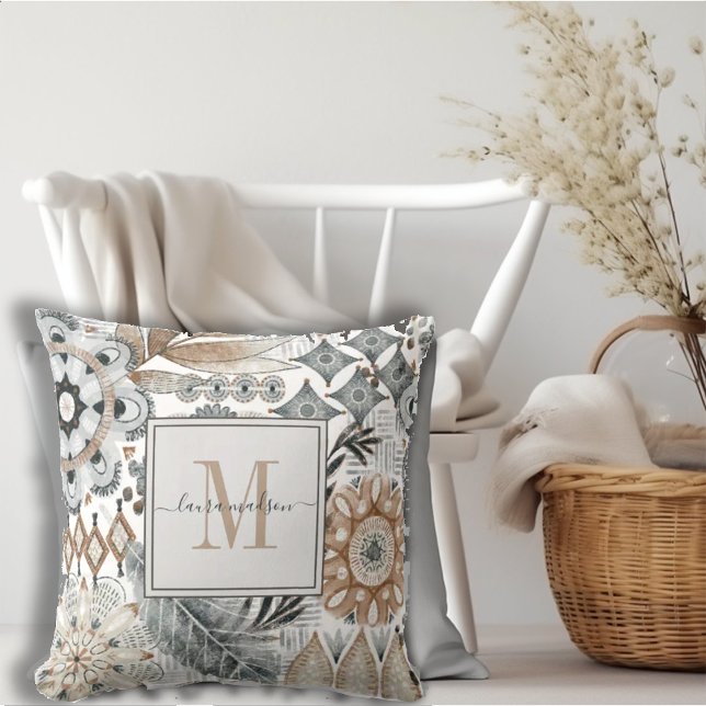 Boho Monogrammed Patterned Throw Pillow (Creator Uploaded)
