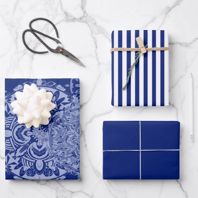 Boho Moody Blues Mandalas, Stripes, and Solid Wrapping Paper Sheets (Front)