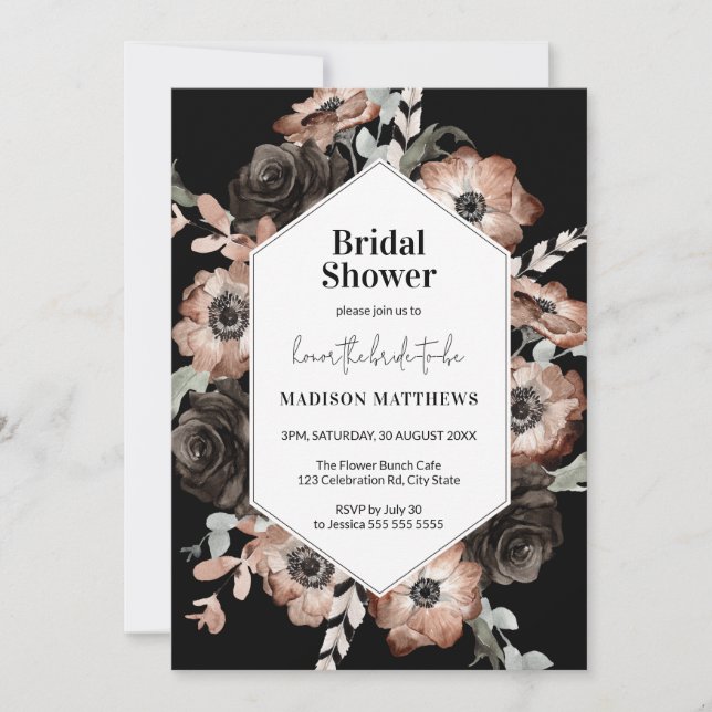 Boho Moody Floral Pink & Black Bridal Shower Invitation (Front)