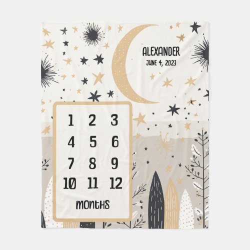 Boho Moon and Stars Personalized Baby Milestone  Fleece Blanket