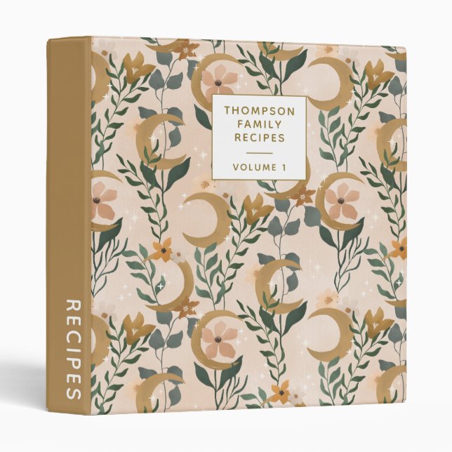 Boho Moon Botanical Blush Gold Personalized Recipe 3 Ring Binder (Front/Spine)