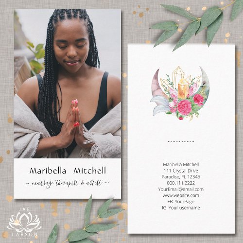 Boho Moon Crystals Feathers Flower Vertical Photo  Business Card