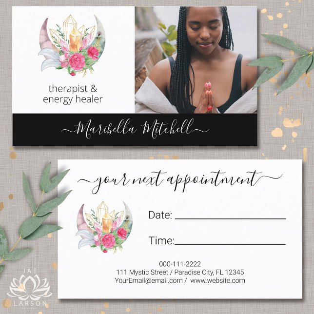 Boho Moon Crystals Feathers Flowers Appointment Business Card (Creator Uploaded)