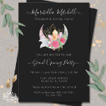 Boho Moon Crystals Feathers Flowers Business Event Invitation<br><div class="desc">Boho Moon Crystals Feathers Flowers Business Event , Grand Opening, Open House Invitation with black background. Watercolor bohemian design with a crescent moon, rose quartz and citrine crystal cluster points, pink roses, greenery and white feathers. Perfect for your metaphysical, esoteric, spa, therapist, energy healer , clinic and spiritual business. Text...</div>