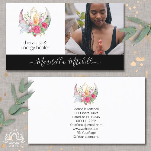 Boho Moon Crystals Feathers Flowers Feathers Photo Business Card