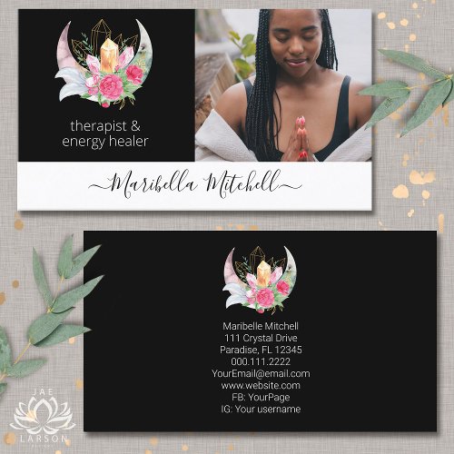 Boho Moon Crystals Feathers Flowers Feathers Photo Business Card