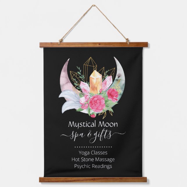Boho Moon Crystals Feathers Flowers  Hanging Tapestry (Front)