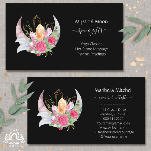 Boho Moon Crystals Feathers Flowers Horizontal Business Card