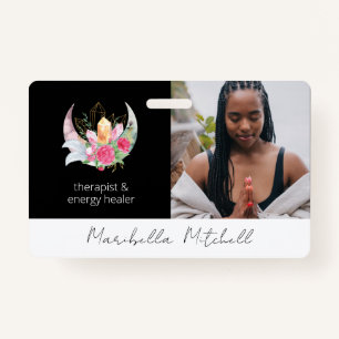 Boho Moon Crystals Feathers Flowes Therapist Badge
