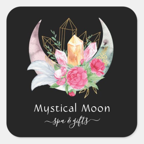 Boho Moon Crystals Feathers Pink Flowers Esoteric Square Sticker