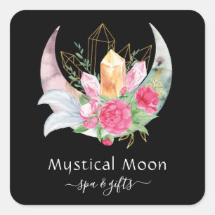 Boho Moon Crystals Feathers Pink Flowers Esoteric Square Sticker
