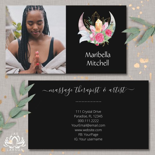Boho Moon Crystals Feathers Pink Flowers Photo Business Card