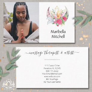 Boho Moon Crystals Feathers Pink Flowers Photo Business Card