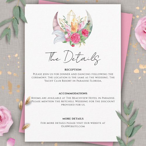 Boho Moon Crystals Feathers Pink Flowers Wedding  Enclosure Card