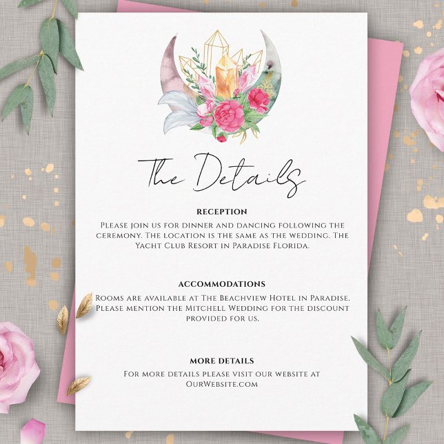 Boho Moon Crystals Feathers Pink Flowers Wedding  Enclosure Card (Creator Uploaded)