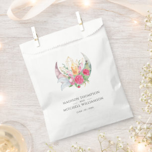 Boho Moon Crystals Feathers Pink Flowers Wedding Favor Bag