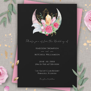 Boho Moon Crystals Feathers Pink Flowers Wedding Invitation