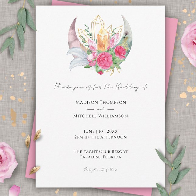 Boho Moon Crystals Feathers Pink Flowers Wedding   Invitation (Creator Uploaded)
