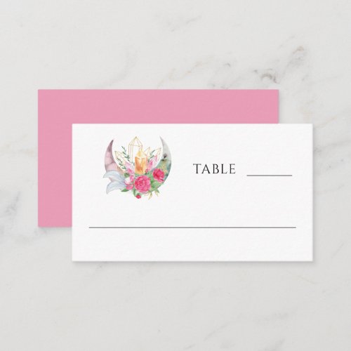 Boho Moon Crystals Feathers Pink Flowers Wedding  Place Card