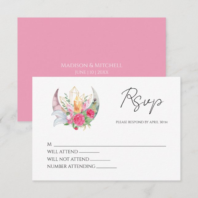 Boho Moon Crystals Feathers Pink Flowers Wedding  RSVP Card (Front/Back)